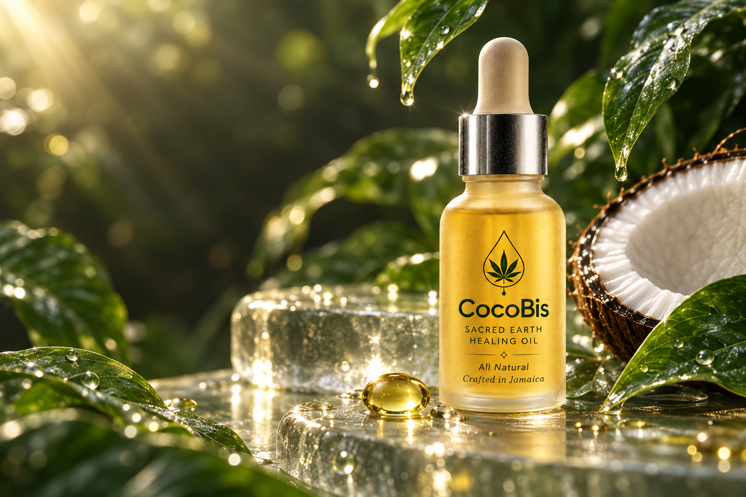 CocoBis frosted golden oil bottle with cream dropper, silver collar and lush Jamaican botanical styling